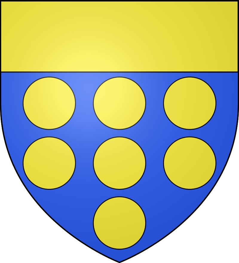 D'azur, à sept besants d'or, 3, 3 et 1, au chef du même